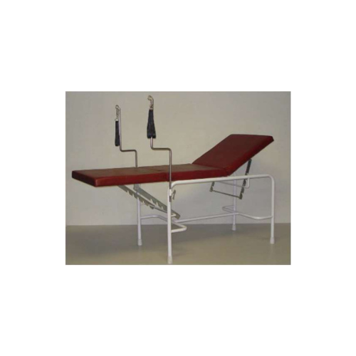 Thumbnail 3: Epoxy powder coated tubular steel frame. (32mm round tubing) mounted on 4 rubber feet. The couch top comprises of 50mm thick, high density foam bonded to 16mm particle board and upholstered in a PVC material. Backrest, 609mm long, and leg section, also 609mm long, manually operated by simple ratchets. Fittings for lithotomy poles are provided. Lithotomy poles included. Dimensions: Width 610mm; length 1830mm; height 762mm; weight 40 kg